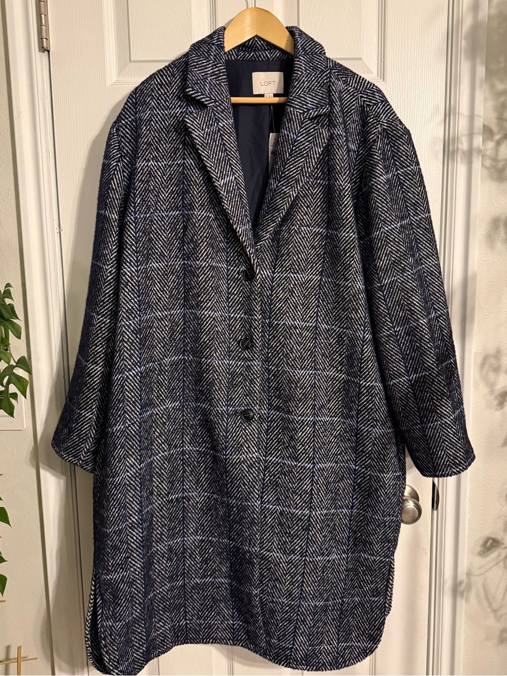 LOFT Navy Herringbone Plaid Wool-Blend Pea Coat